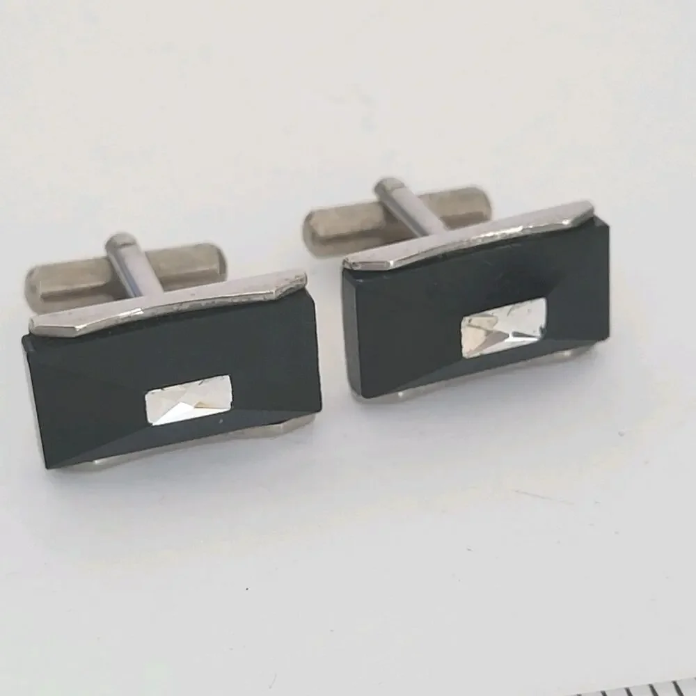 VINTAGE 1950'S BLACK ONYX WHITE RHINESTONE CUFFLINKS Rectangle Silver